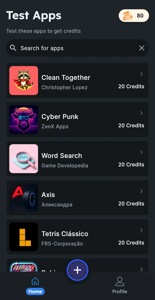 Testers Community app showing the testing marketplace where developers test apps and earn credits